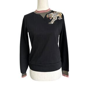 Refuse To Be Ordinary Black Tiger Embroidered Shirt Women's Top Size XS | 49-11